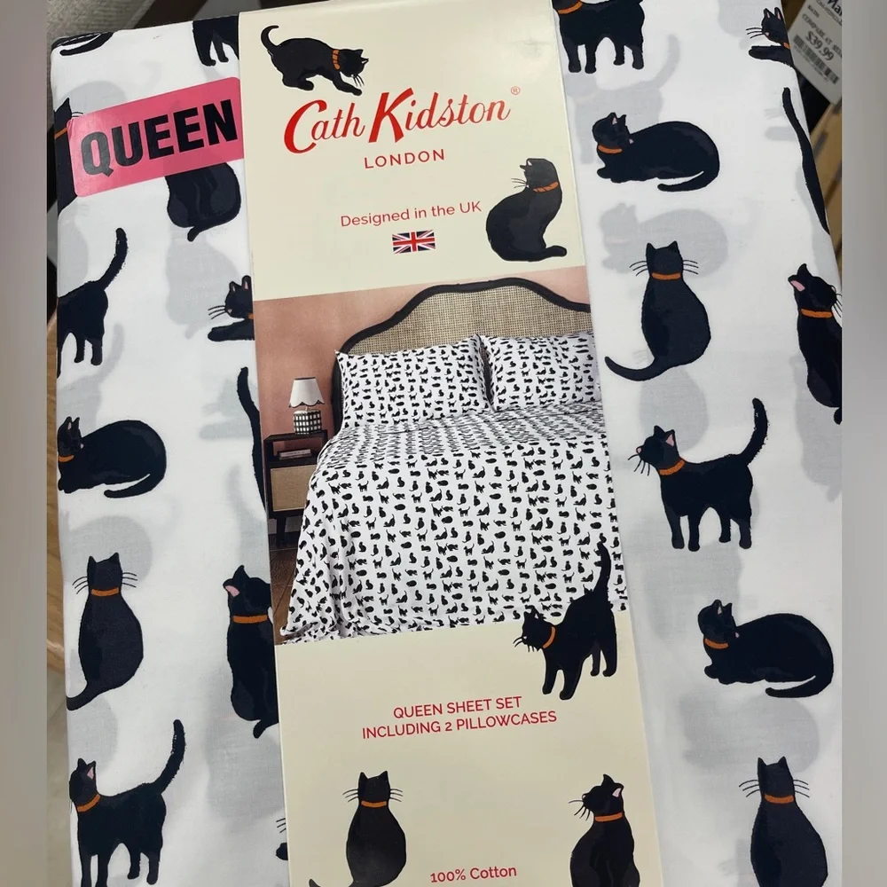Cath Kidston Black Cats Halloween Queen Sheet Set 100% Cotton NWT